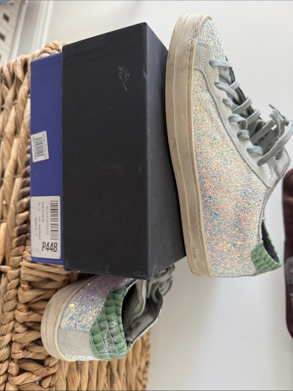 P448 Glitter Low-Top Sneakers with Green Heel Tab